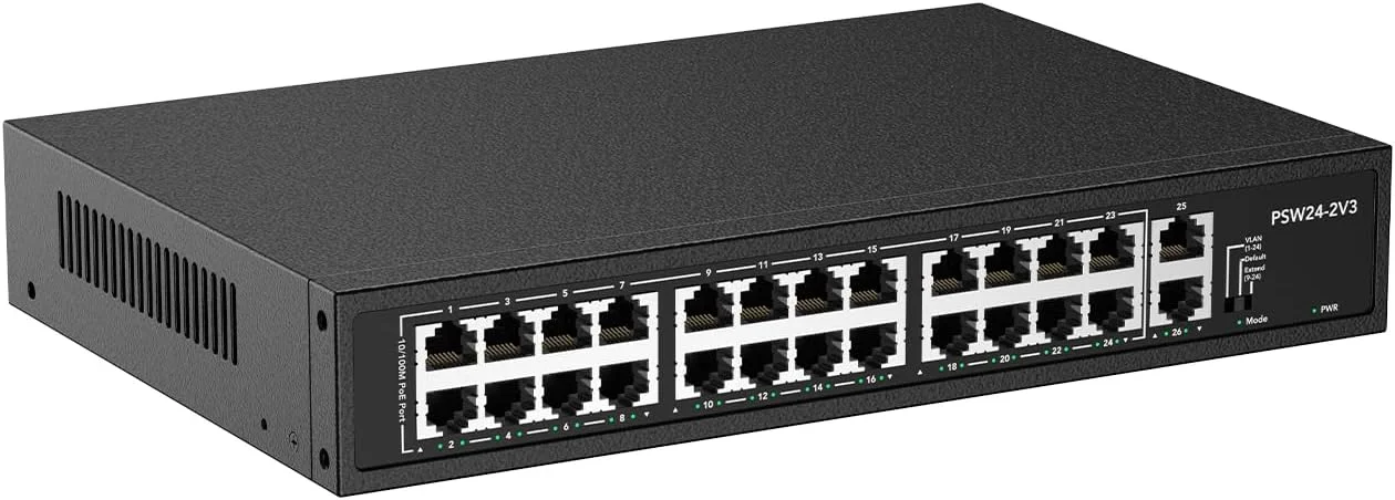 سوئیچ PoE واقعی HD با 24 پورت، سوئیچ اترنت PoE+ 10/100 مگابیت بر ثانیه غیر مدیریتی با 2 پورت آپلینک گیگابیتی، 1 پورت SFP تا 30 وات در هر پورت، بودجه کل 300 وات، سازگار با 803.af/at، بدون فن و بی صدا، قابل نصب در رک