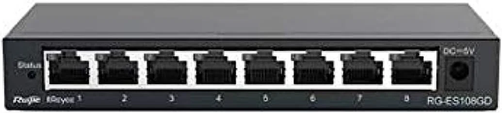 سوئیچ روتر روجی RG-ES108GD با 8 پورت 10/100/1000 مگابیت بر ثانیه، بدنه فلزی، غیر مدیریتی، مناسب برای استفاده رومیزی