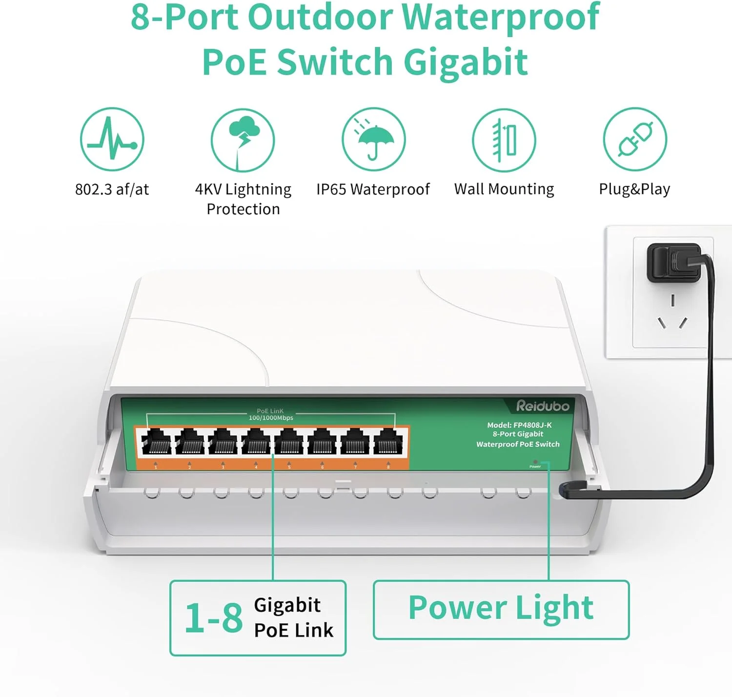 بسته 2 عددی سوئیچ گیگابیتی PoE ضد آب 8 پورت، 8 پورت PoE+ 1000 مگابیت بر ثانیه 120 وات، سوئیچ شبکه غیر مدیریتی PoE در فضای باز، اتصال سریع و آسان