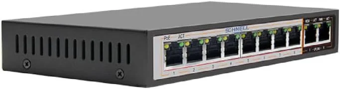 سوئیچ 10 پورت گیگابیتی PoE اشنایدر کانکت – 8 پورت PoE+ 10/100/1000 مگابیت بر ثانیه + 2 پورت آپلینک گیگابیتی، سوئیچ شبکه غیر مدیریتی، بدنه فلزی – SC-MS1010G