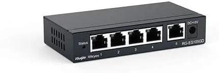 سوییچ غیر مدیریتی 5 پورت گیگابیتی Ruijie RG-ES105GD، دارای 5 پورت گیگابیتی RJ45، بدنه فلزی