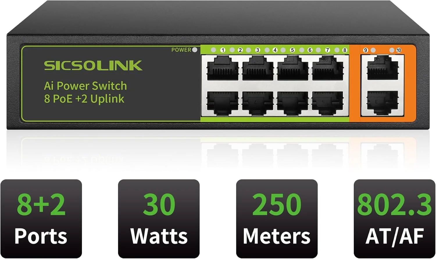 سوییچ اترنت 8 پورت PoE+، 2 آپلینک، 802.3af/at، توان کل 120 وات، هاب شبکه 100 مگابیت بر ثانیه، ظرفیت سوییچ 20 گیگابیت بر ثانیه، بدون مدیریت، پلاگ اند پلی، مناسب برای دوربین های مداربسته IP، خانه و دفتر.