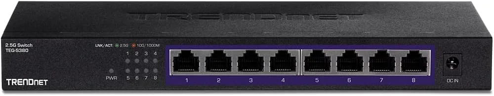 سوئیچ غیر مدیریتی 8 پورت 2.5G ترندنت مدل TEG-S380، دارای 8 پورت 2.5GBASE-T، سازگار با دستگاه های 10-100-1000 مگابیت بر ثانیه، قابل نصب روی دیوار با دوشاخه UK - مشکی