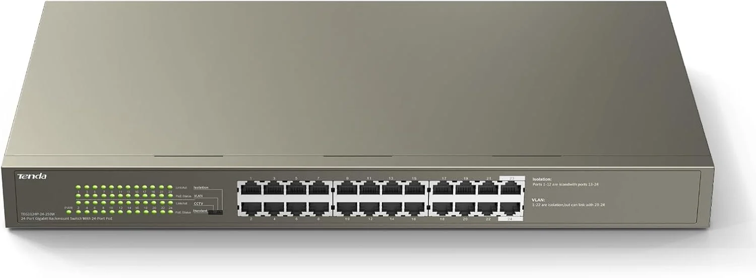 سوئیچ 24 پورت گیگابیتی PoE تندا مدل TEG1124P، سازگار با دستگاه های IEEE 802.3af/at، قابل نصب در رک، سوئیچ PoE+ غیر مدیریتی با 24 پورت PoE+@225W، طراحی فلزی و بدون فن، حفاظت مادام العمر محدود