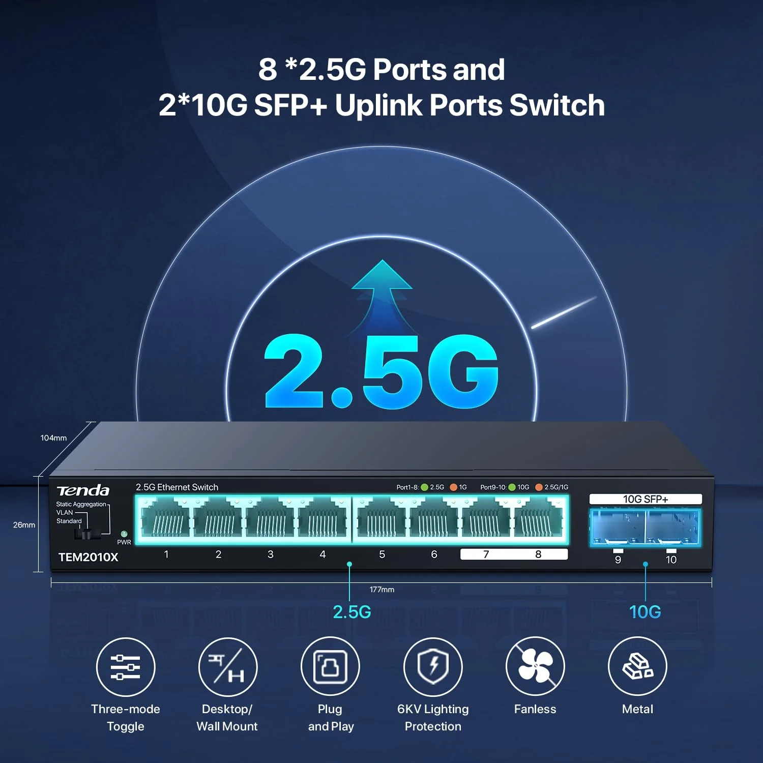 سوئیچ 2.5 گیگابیتی تندا، سوئیچ اترنت 2.5 گیگابیت بر ثانیه، 8 پورت RJ45 2.5G، 2 پورت 10G SFP+ (VLAN، تجمیع استاتیک، غیرقابل مدیریت، پلاگ اند پلی، رومیزی یا قابل نصب روی دیوار، فلزی) (TEM2010X)