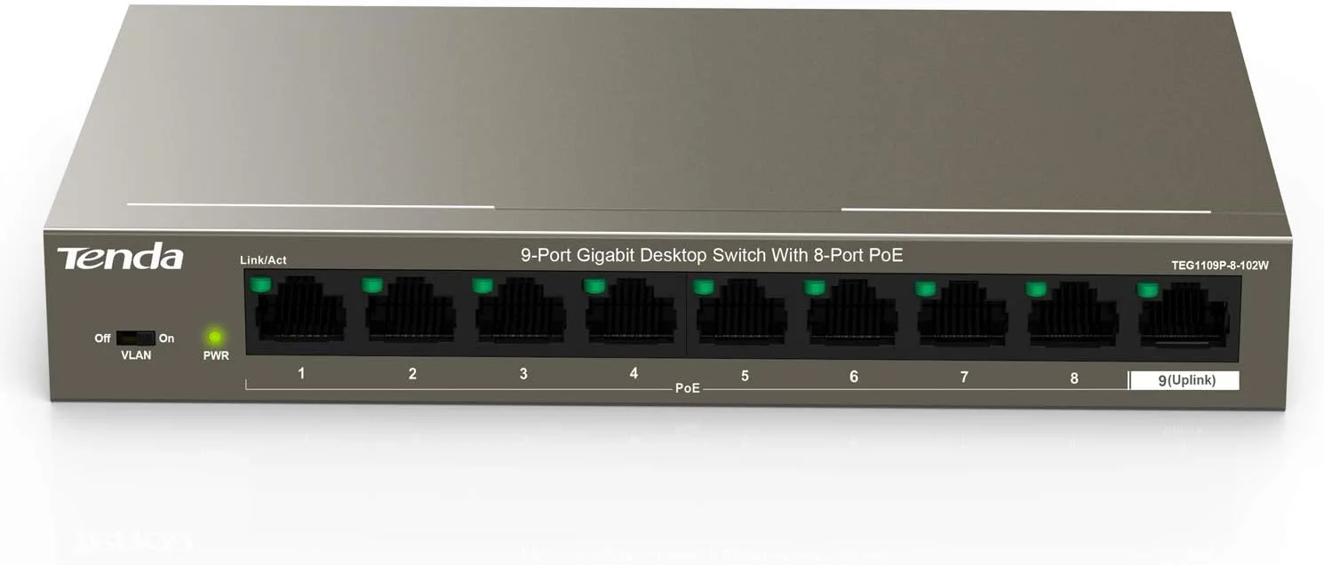 سوئیچ اترنت گیگابیتی 9 پورت Tenda PoE - با 8 پورت PoE @102W (TEG1109P) | اتصال و پخش | اندازه اداری | بدنه فلزی | محافظت در برابر صاعقه | هوشمند آسان | حفاظت مادام العمر محدود