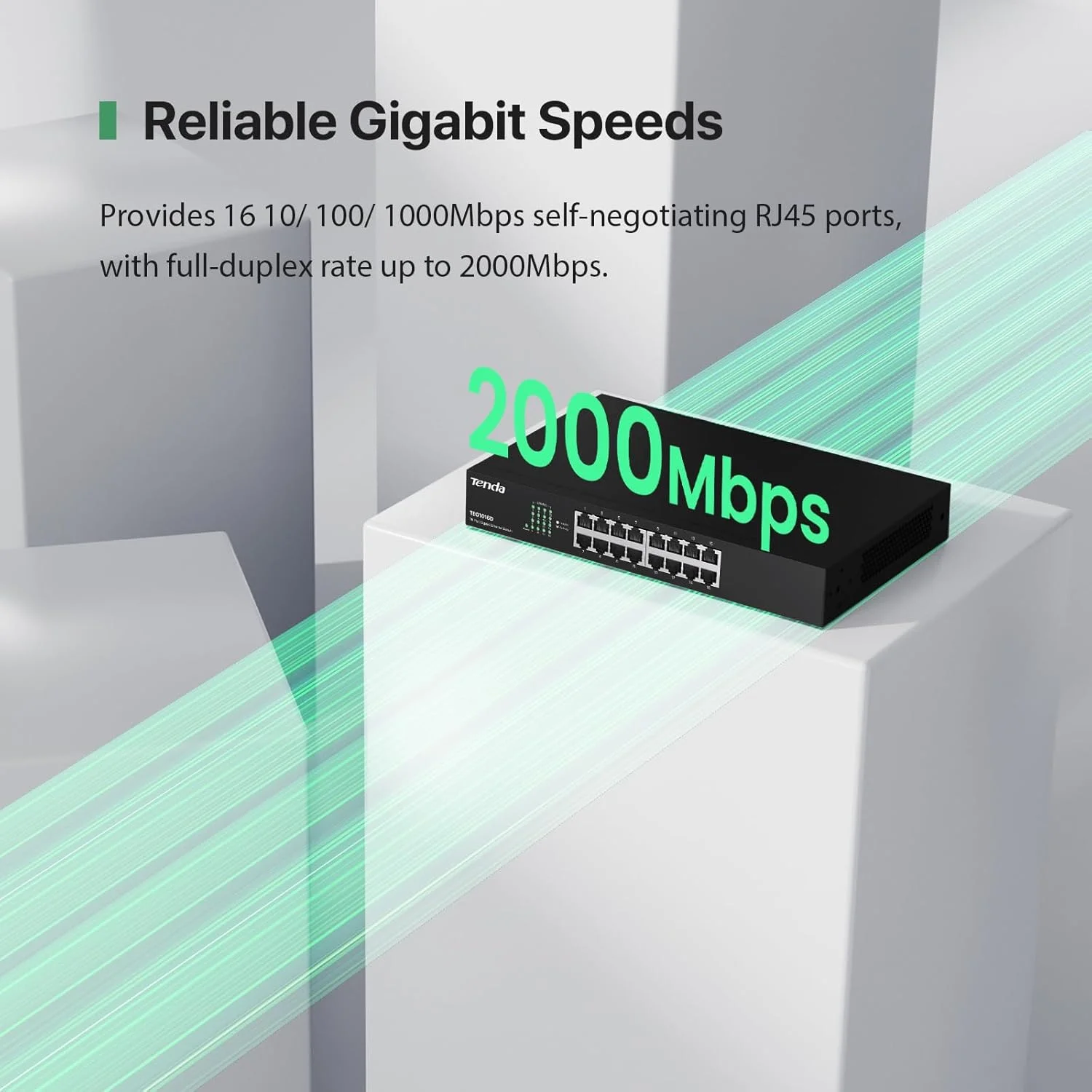 تندا TEG1016D، سوئیچ غیر مدیریتی 16 پورت گیگابیتی، سوئیچ اترنت رکمونت، پلاگ اند پلی، سوئیچ شبکه فلزی و بدون فن، حفاظت مادام العمر محدود