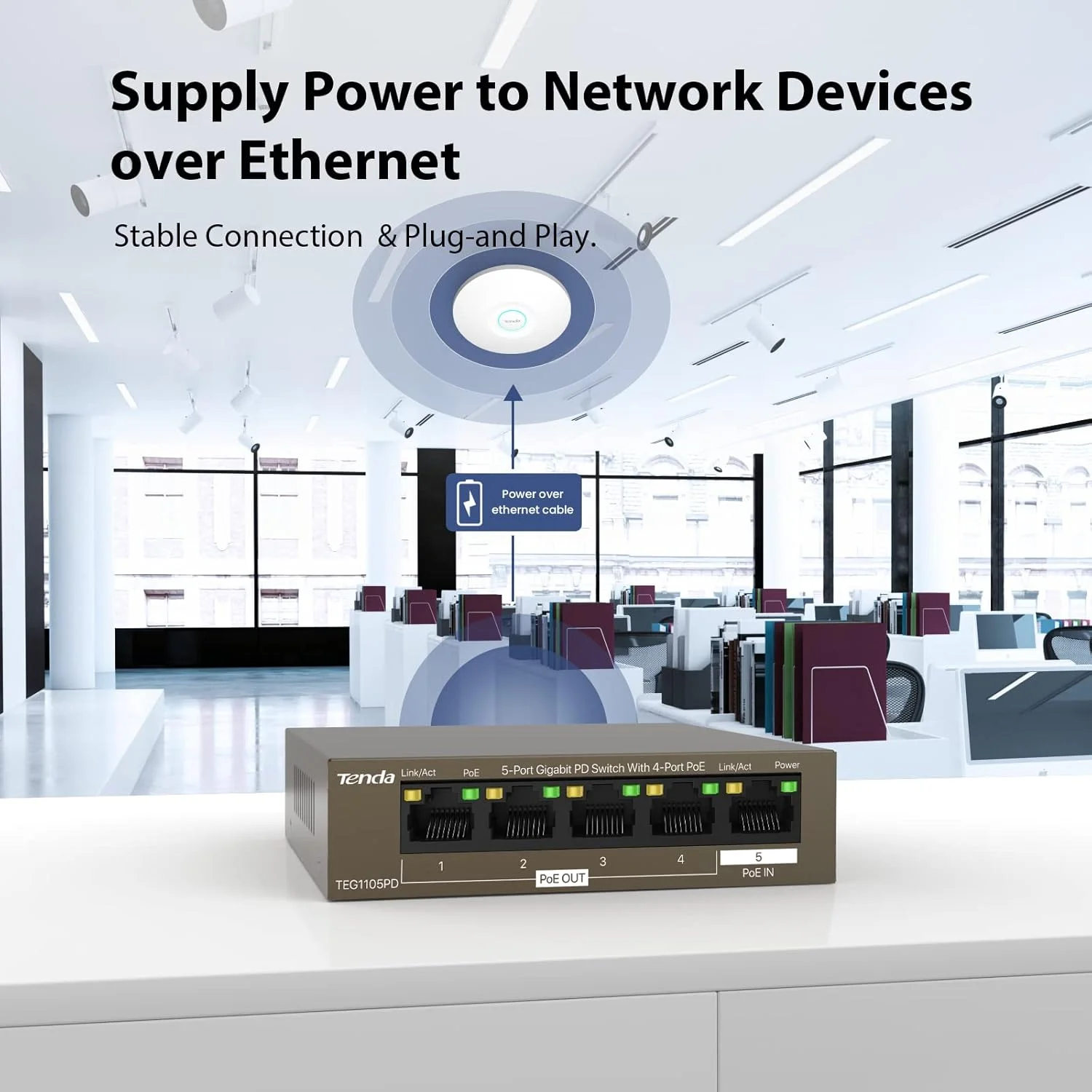 سوئیچ 5 پورت گیگابیتی PoE تندا TEG1105PD با 4 پورت PoE+ @30W، هاب شبکه خانگی غیرقابل مدیریت، اسپلیتر اترنت، طراحی PSE و PD، بدنه فلزی مستحکم و بدون فن، حفاظت مادام العمر محدود