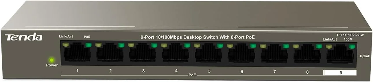 سوئیچ شبکه اترنت غیر مدیریتی 9 پورت 10/100 مگابیت بر ثانیه تندا با 8 پورت PoE با توان 63 وات (TEF1109P) | رومیزی | Plug & Play | طراحی فلزی بدون فن | پورت های محافظت شده