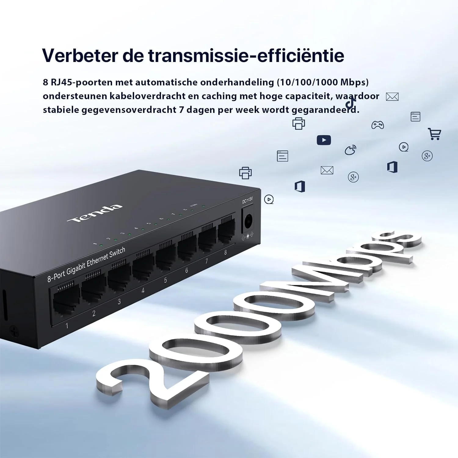 سوئیچ شبکه 8 پورت گیگابیتی Tenda، سوئیچ اترنت غیر مدیریتی، هاب/اسپلیتر اترنت، سوئیچ اینترنت، بدون فن، نصب رومیزی و دیواری، پلاگ اند پلی، بدنه فلزی (TEG1008M)