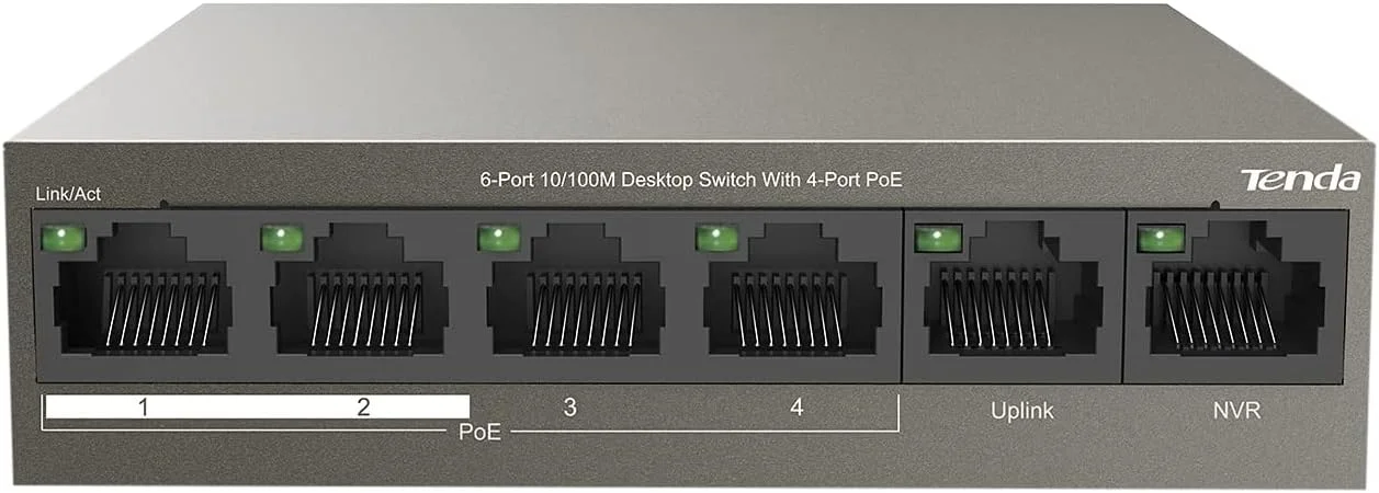سوئیچ 6 پورت PoE تندا 10/100 مگابیت بر ثانیه (4 پورت PoE+ و 2 پورت Uplink، 58 وات برای همه پورت های PoE، QoS، فاصله انتقال 250 متری، 802.3at/af، نصب رومیزی/دیواری، بدنه فلزی، Plug and Play) (TEF1106P-4-63W)