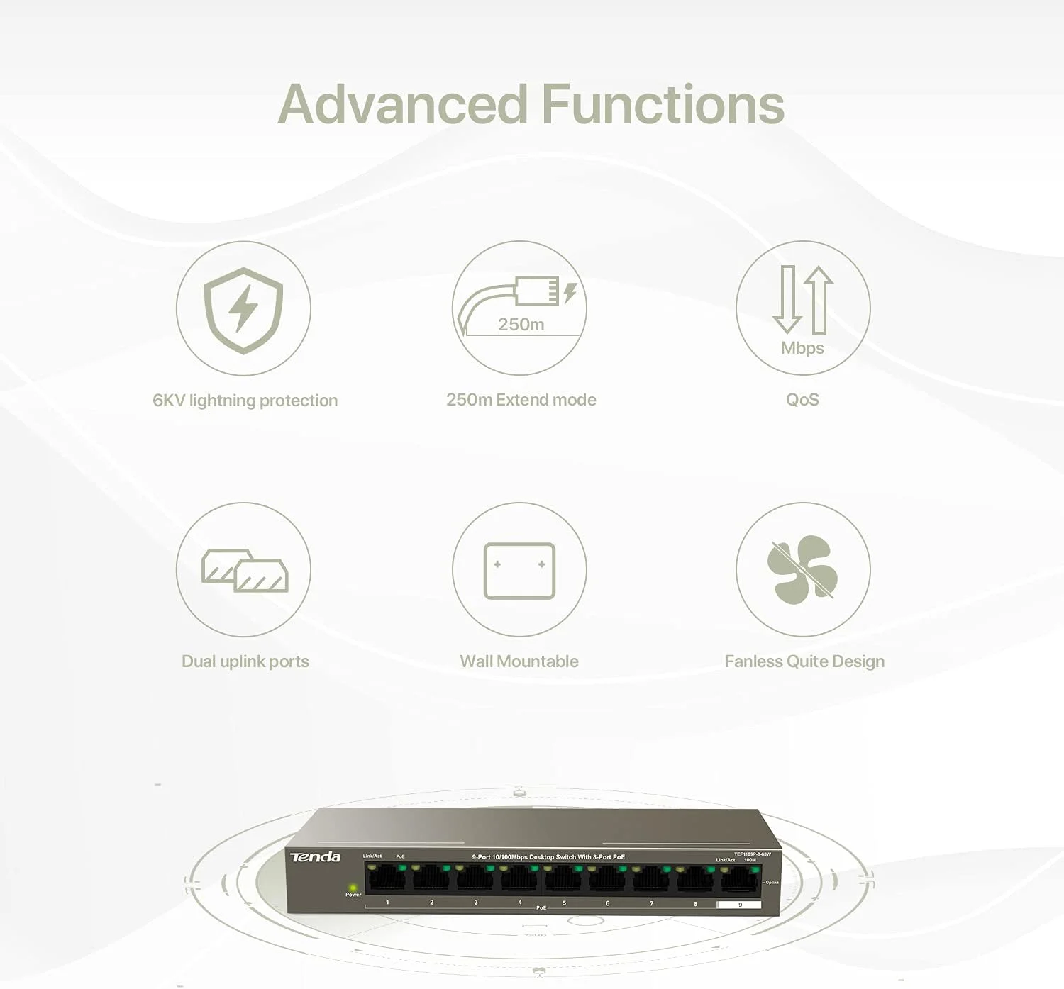 سوئیچ شبکه اترنت غیر مدیریتی 9 پورت 10/100 مگابیت بر ثانیه تندا با 8 پورت PoE با توان 63 وات (TEF1109P) | رومیزی | Plug & Play | طراحی فلزی بدون فن | پورت های محافظت شده