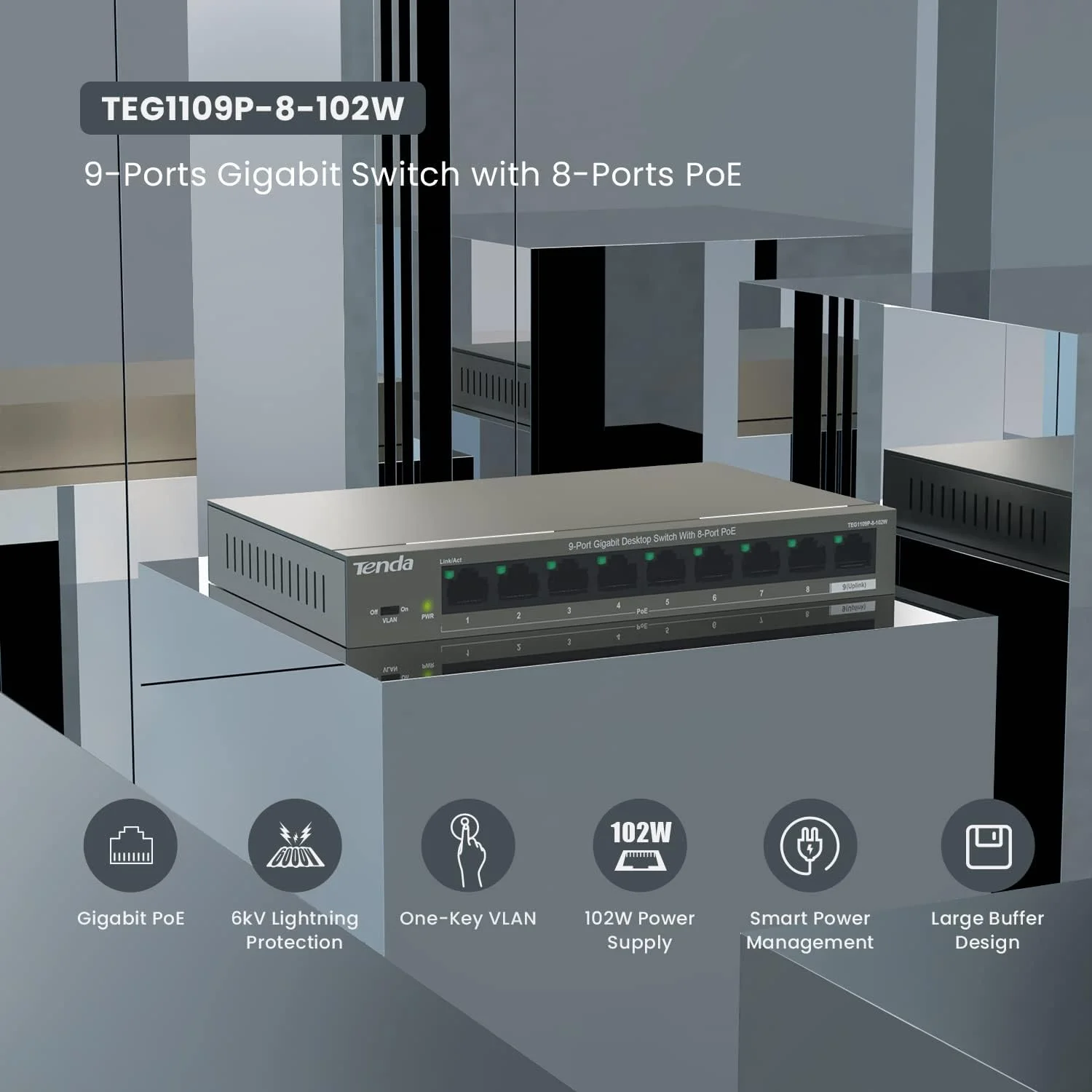 سوئیچ 9 پورت گیگابیتی PoE تندا با 8 پورت PoE+ و 1 پورت Uplink، سوئیچ شبکه غیر مدیریتی اترنت (92W، Plug & Play، IEEE 802.3at/af، بدنه فلزی، محافظت در برابر اضافه بار) (TEG1109P-8-102W)