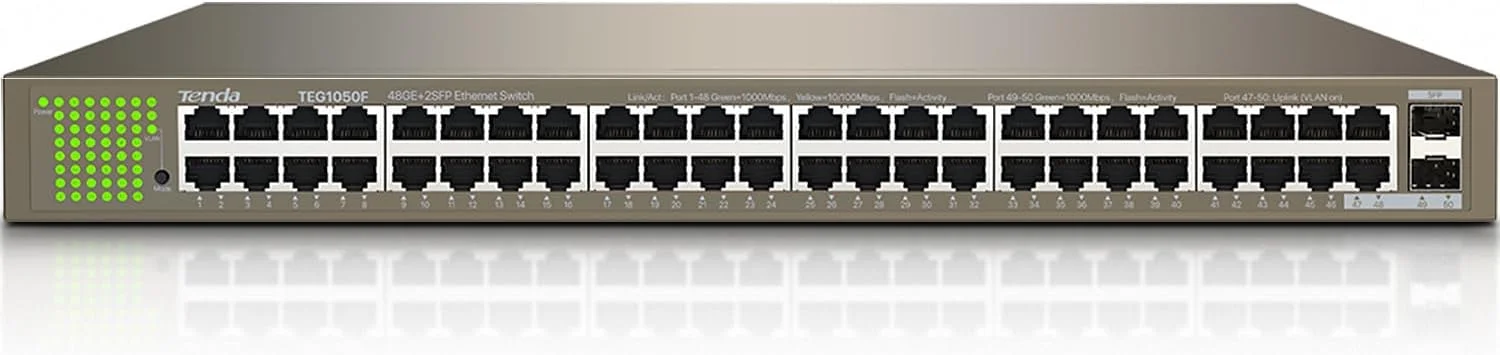 سوئیچ اترنت گیگابیتی غیر مدیریتی 50 پورت Tenda (TEG1050F) | 48 پورت GE، 2 پورت GE SFP | نصب آسان | طراحی فلزی بدون فن، قابل نصب روی دیوار/میز