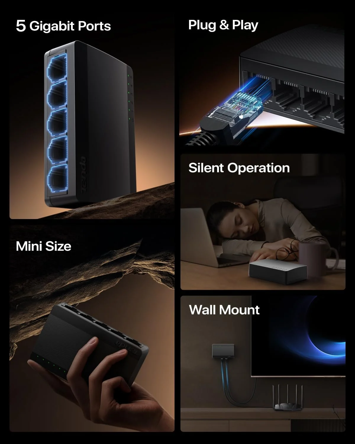 تندا SG105، سوئیچ 5 پورت گیگابیتی، سوئیچ اترنت غیر مدیریتی، اسپلیتر اترنت اداری، پلاگ اند پلی، بدنه پلاستیکی، رومیزی/قابل نصب روی دیوار، بدون فن و بی صدا، حفاظت مادام العمر محدود