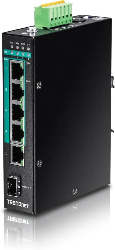 سوئیچ صنعتی 5 پورت گیگابیتی PoE+ ریلی DIN ترندنت، بودجه توان 120 وات، 1 اسلات SFP، دارای استاندارد IP30، سوئیچ غیر مدیریتی، سوئیچ شبکه گیگابیتی PoE+، مشکی، TI-PG541