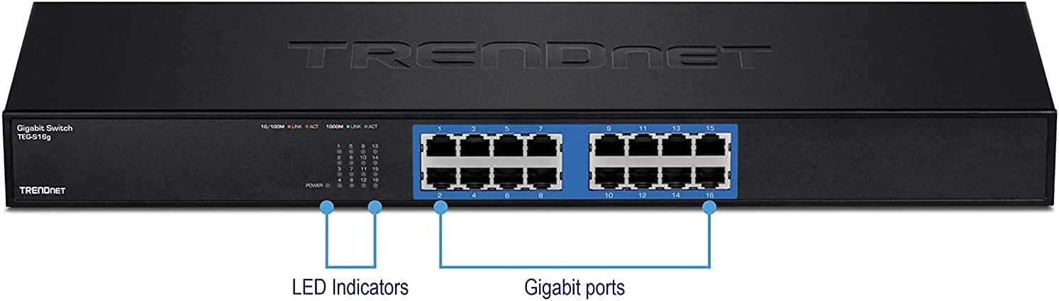 سوئیچ 16 پورت گیگابیتی GREENnet غیر مدیریتی TRENDnet مدل TEG-S16G، دارای 16 پورت RJ-45، ظرفیت انتقال 32 گیگابیت بر ثانیه، بدون فن، قابل نصب در رک