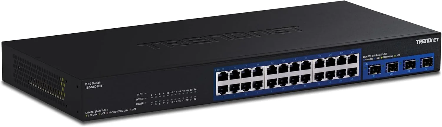 سوئیچ 28 پورت Multi-Gig ترندنت مدل TEG-S50284، دارای 24 پورت RJ45 2.5 گیگابیتی، 4 پورت SFP+ 10 گیگابیتی، سازگار با NDAA TAA، محافظت مادام العمر، ظرفیت سوئیچ 200 گیگابیت بر ثانیه، آماده نصب در رک، مشکی