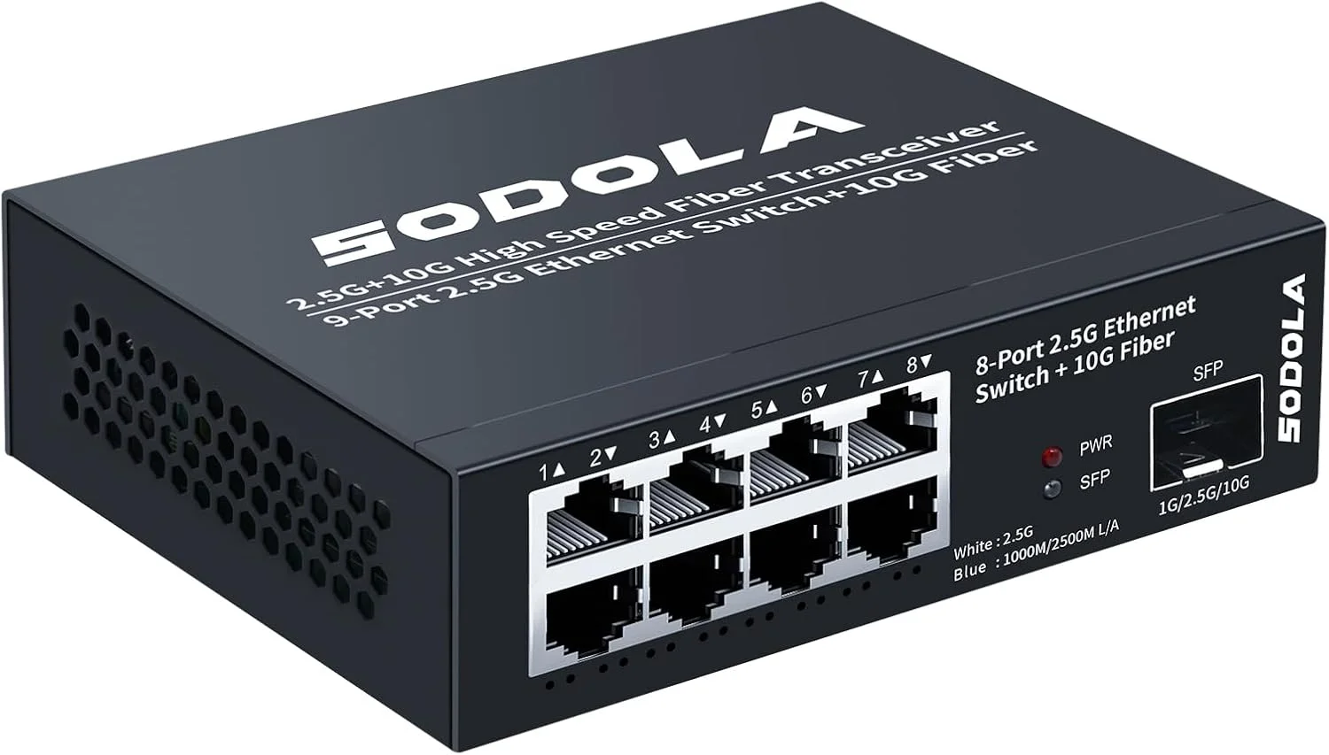 سوئیچ غیر مدیریتی 8 پورت 2.5G SODOLA، 8 پورت 2.5GBASE-T، 1X10G SFP+، ظرفیت سوئیچینگ 100 گیگابیت بر ثانیه، بدون فن، فلزی، سوئیچ شبکه 2.5 گیگابیت Plug & Play