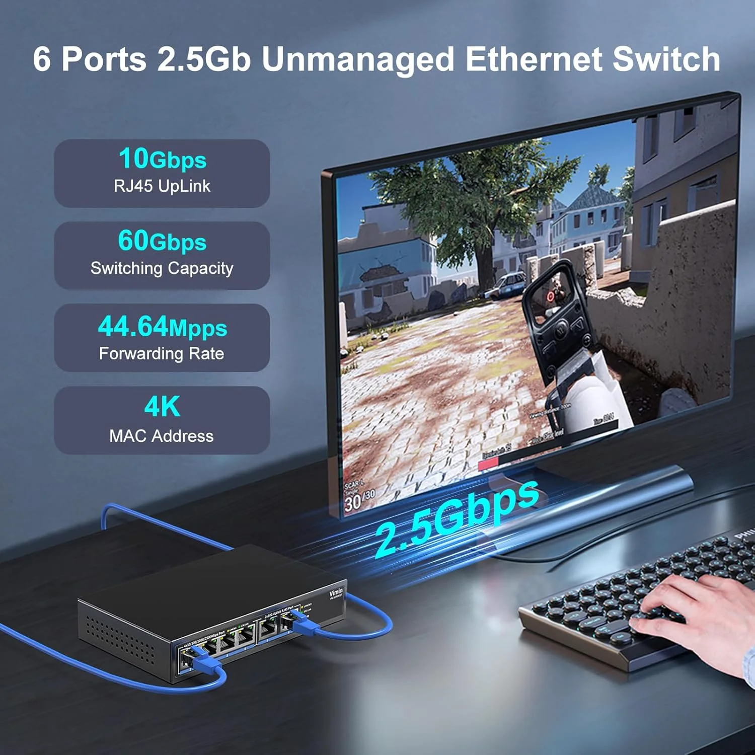 سوئیچ اترنت غیر مدیریتی 10 گیگابیتی با 4 پورت 2.5G Base-T، 2 پورت 10G RJ45، سوئیچ شبکه 2.5Gb Base-T، ظرفیت 60Gbps، سوئیچ چند گیگابیتی برای نصب رومیزی/دیواری برای NAS، PC، Wireless AP