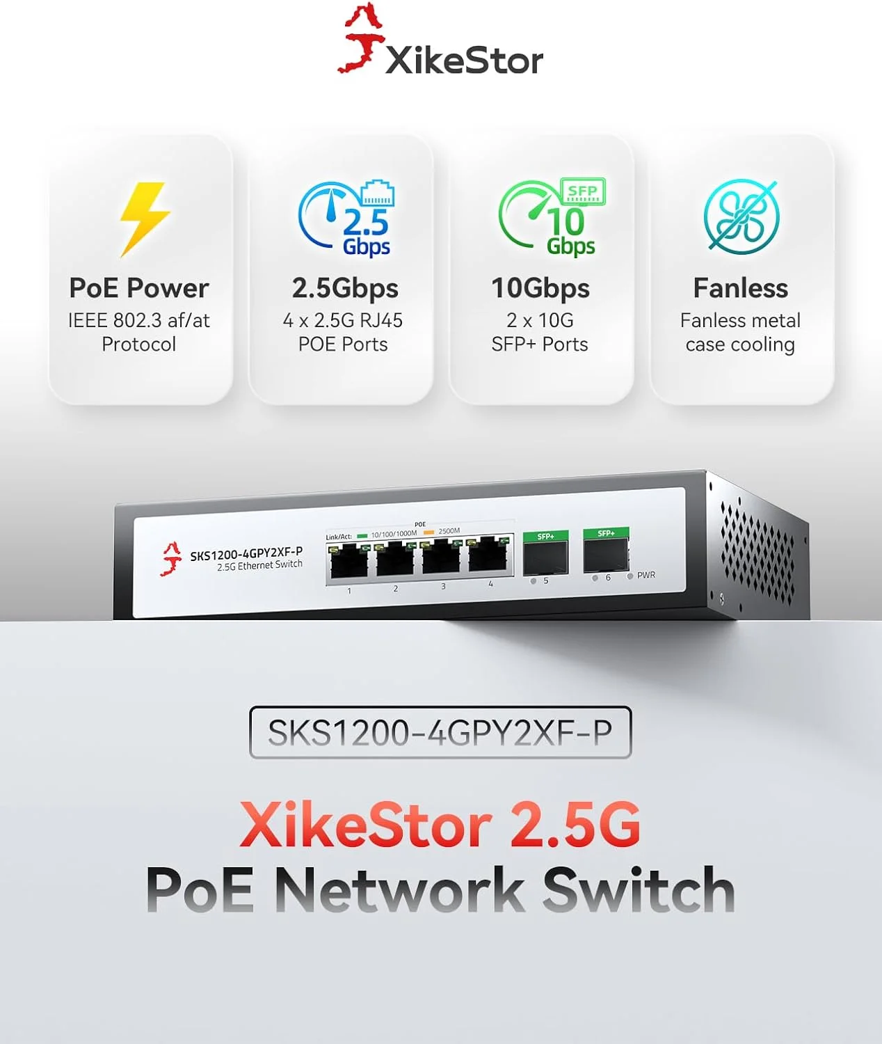 سوئیچ اترنت 6 پورت 2.5G POE+، دارای 4 پورت 2.5GBase-T PoE، 2 پورت 10Gbps SFP+، 75W IEEE802.3af/at سوئیچ شبکه غیر مدیریتی، اسپلیتر اترنت سرعت بالا، هاب اترنت، قابل نصب روی میز/دیوار