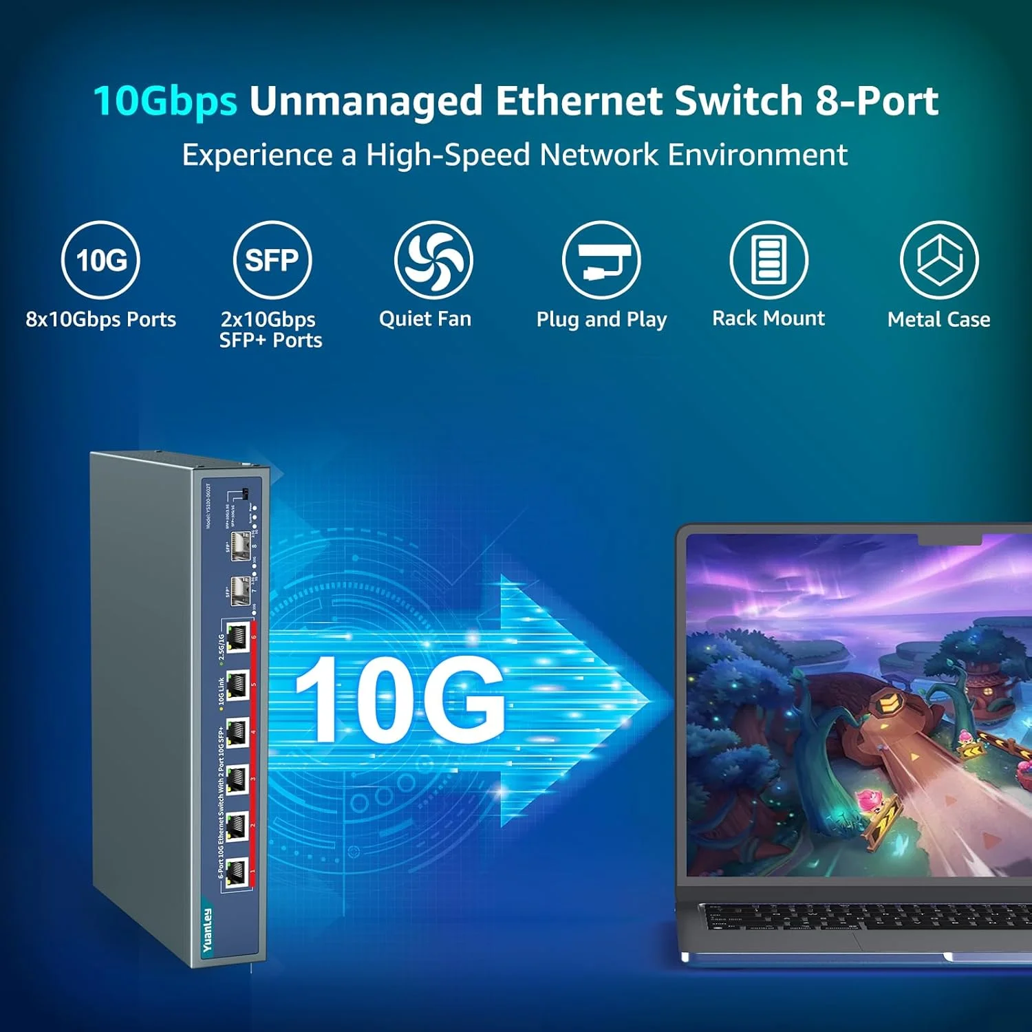 سوئیچ اترنت 8 پورت 10G YuanLey، دارای 6 پورت RJ45 10 گیگابیت بر ثانیه، 2 پورت SFP+ 10Gbe، پشتیبانی از مذاکره خودکار سرعت 10G/5G/2.5G/1G/100Mbps، ظرفیت سوئیچینگ 160 گیگابیت بر ثانیه، سوئیچ غیر مدیریتی قابل نصب در رک