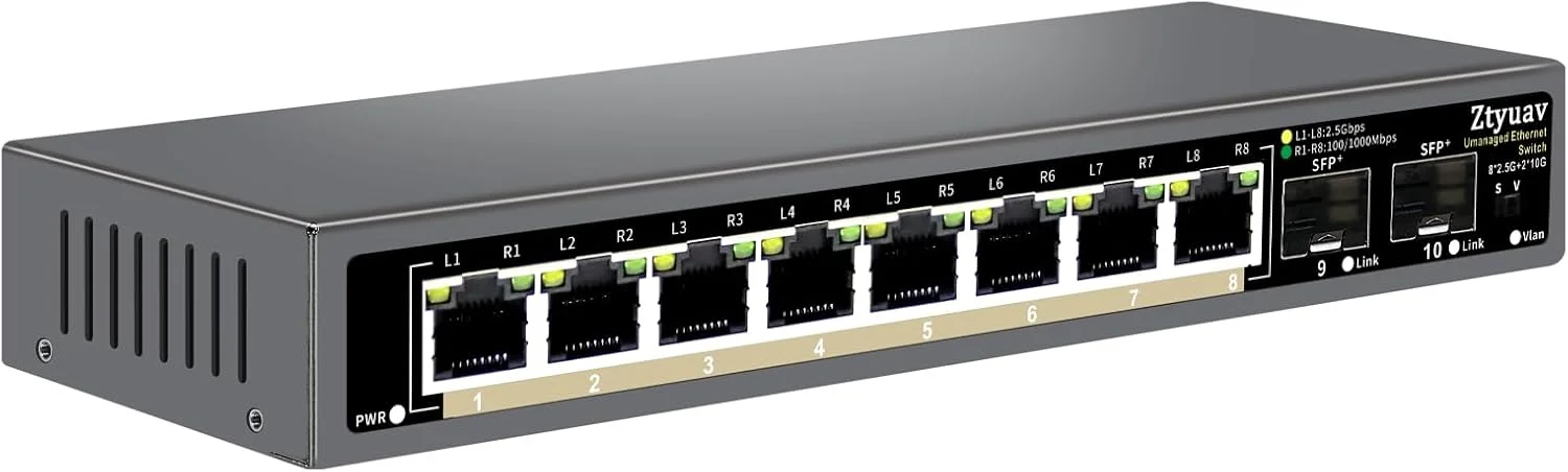سوییچ اترنت غیر مدیریتی 10 پورت Ztyuav 2.5G با 8 پورت RJ-45 2.5G، 2 پورت SFP+ 10G، مذاکره خودکار سرعت پورت - 100/1000/2500 مگابیت بر ثانیه، VLAN تک کلیدی، طراحی فلزی بدون فن، Plug & Play