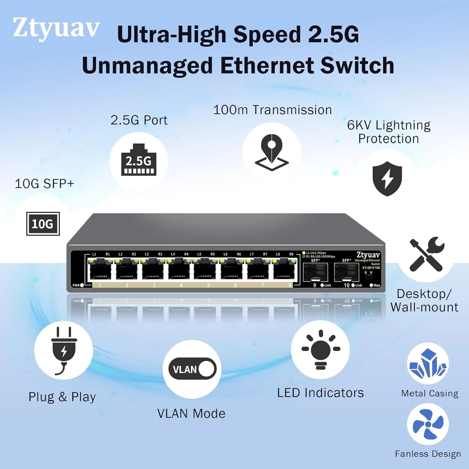 سوییچ اترنت غیر مدیریتی 10 پورت Ztyuav 2.5G با 8 پورت RJ-45 2.5G، 2 پورت SFP+ 10G، مذاکره خودکار سرعت پورت - 100/1000/2500 مگابیت بر ثانیه، VLAN تک کلیدی، طراحی فلزی بدون فن، Plug & Play