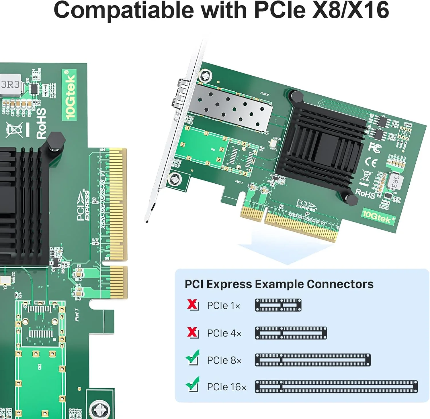 کارت شبکه 10GbE PCIE 10Gtek با تراشه Intel X520-DA1, 82599EN، تک پورت SFP+، آداپتور LAN با PCI Express x8 10Gbit، کارت شبکه 10Gb برای Windows Server/Linux/VMware