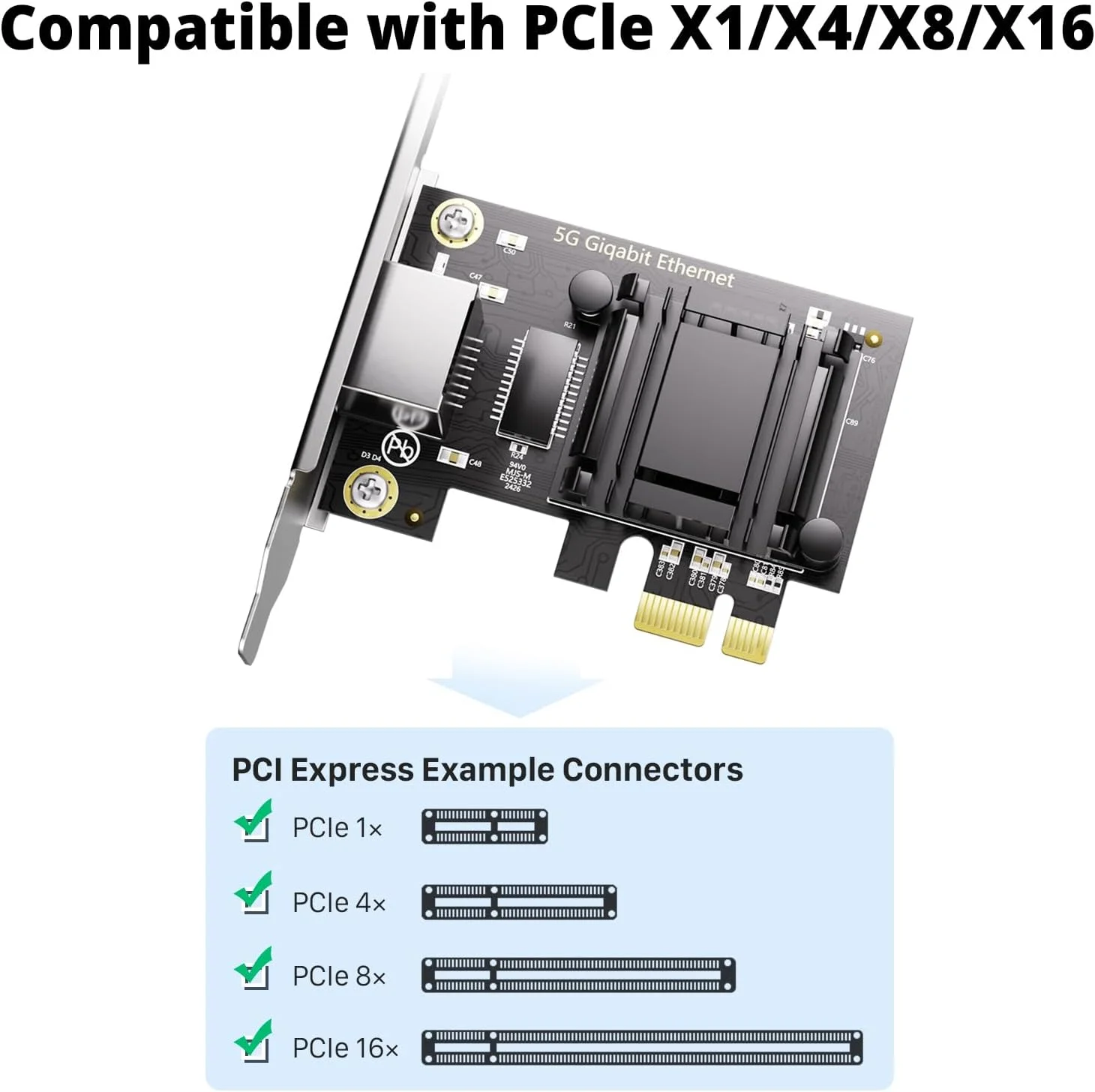 کارت شبکه 10Gtek PCIe با سرعت 5 گیگابیت بر ثانیه، مذاکره خودکار 100M/2.5G/5G، برای ویندوز 8/10/11، ویندوز سرور 2016/2019/2022، Centos 7/8/9، VMware ESXi 6، Ubuntu 20/22، Freebsd 13/14