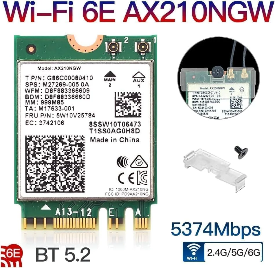 کارت وای فای بی سیم Wi-Fi 6E AX210NGW BT5.2 M.2 2230 سه بانده، گسترش وای فای به 6 گیگاهرتز 160 مگاهرتز 802.11ax ac MU-MIMO AX210 AX5400Mbps کارت شبکه وای فای 6E، بهتر از AX200NGW برای لپ تاپ های PC فقط برای ویندوز 10 و 11