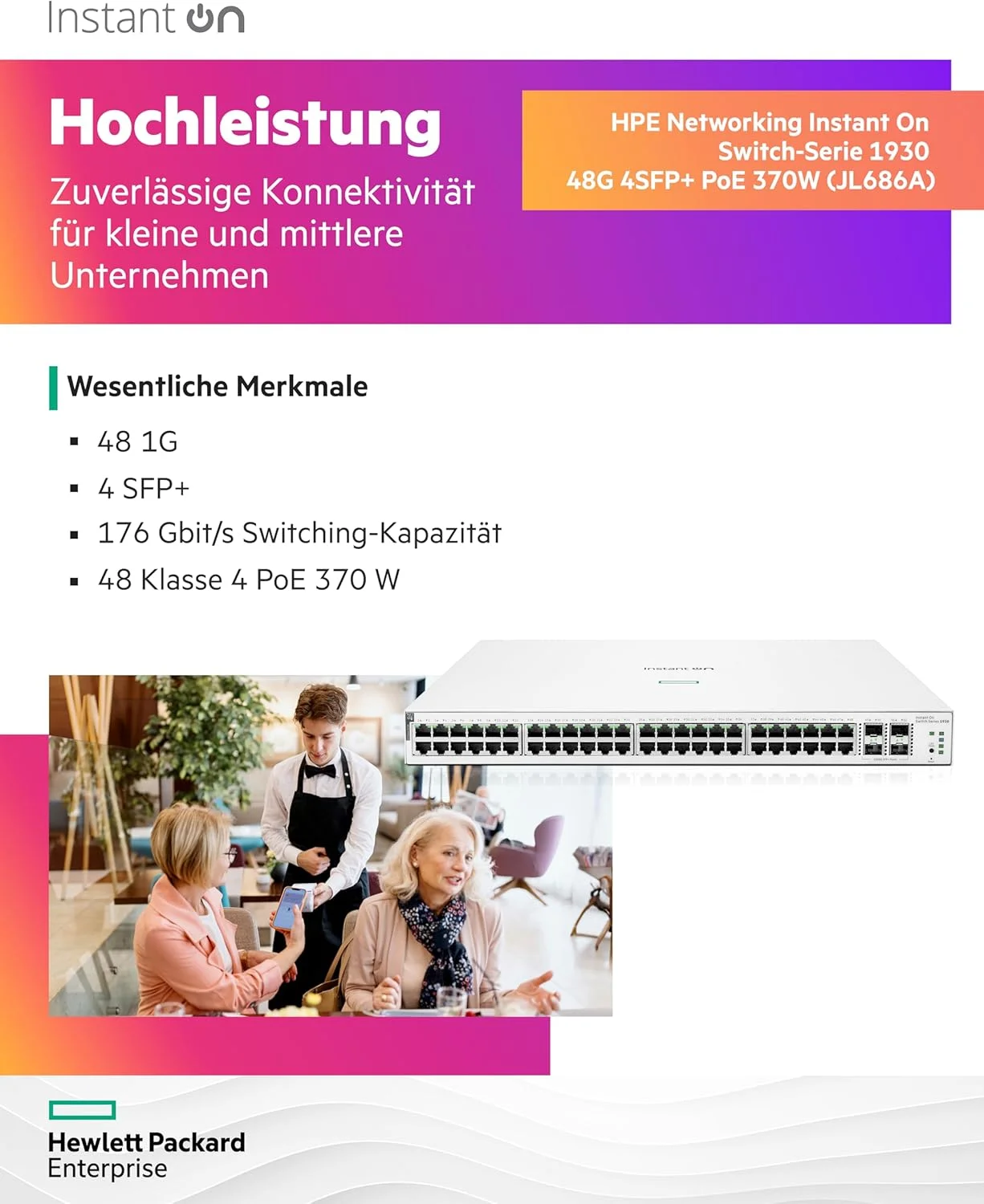 سوئیچ هوشمند اترنت آرووبا اینستنت آن 1930 52 پورت گیگابیتی 370 واتی، 48 پورت PoE GE و 4 پورت SFP+ 1G/10G، سطح L2+، همراه با کابل برق اروپا