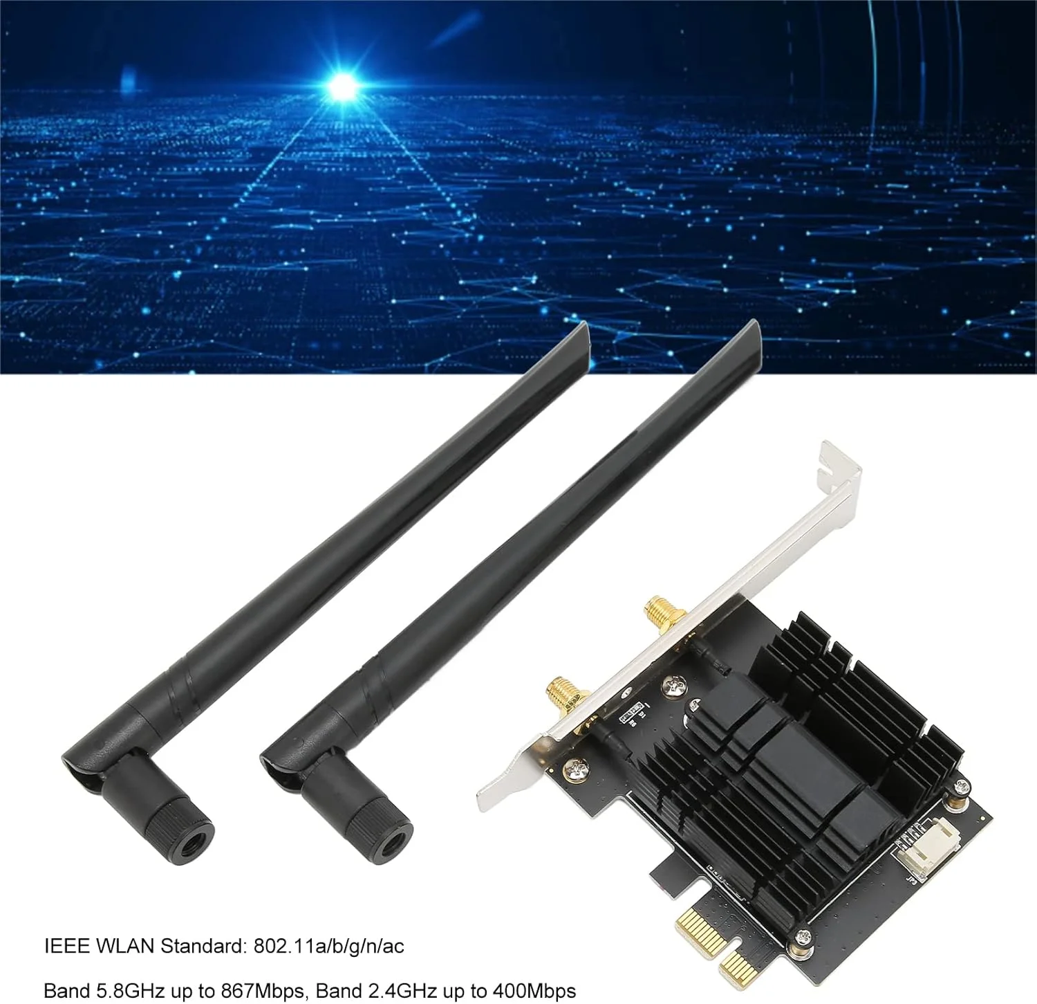 کارت وای فای بلوتوث 4.2 PCIE AC1300Mbps، کارت شبکه بی سیم دو بانده 2.4 گیگاهرتز و 5.8 گیگاهرتز پشتیبانی از رابط PCIE X1، X4، X8، X16 برای رایانه شخصی رومیزی