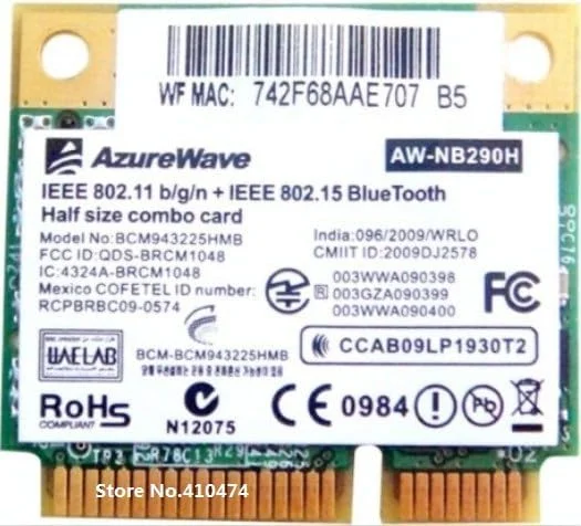 کارت شبکه وای فای بلوتوث 3.0 جدید برای Broadcom BCM943225 Bcm943225hmb Wireless 802.11b/g/n Half Mini PCI-E AW-NB290H