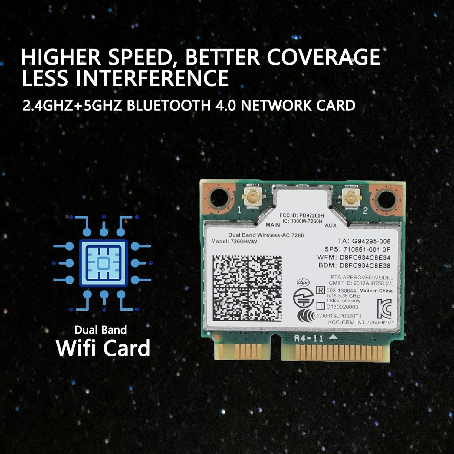 کارت شبکه ciciglow، نرخ بی‌سیم 2.4G+5G (300M+867M) رابط نیمه مینی PCI-E برای کارت بی‌سیم جهانی Intel 7260Ac 867M بلوتوث 4.0 کارت وای فای 3 * 2.7Cm/1.2 * 1.1In