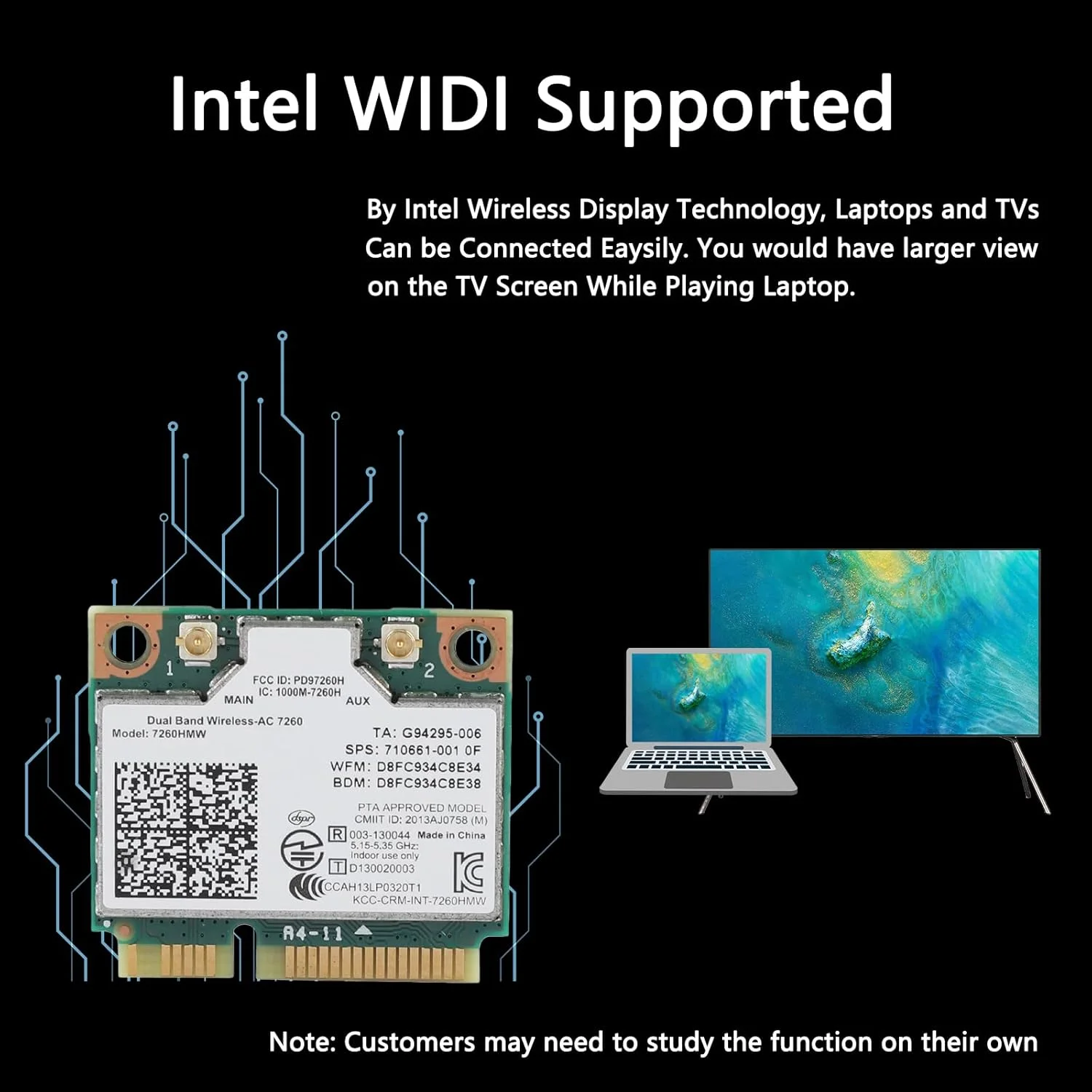 کارت شبکه ciciglow، نرخ بی‌سیم 2.4G+5G (300M+867M) رابط نیمه مینی PCI-E برای کارت بی‌سیم جهانی Intel 7260Ac 867M بلوتوث 4.0 کارت وای فای 3 * 2.7Cm/1.2 * 1.1In