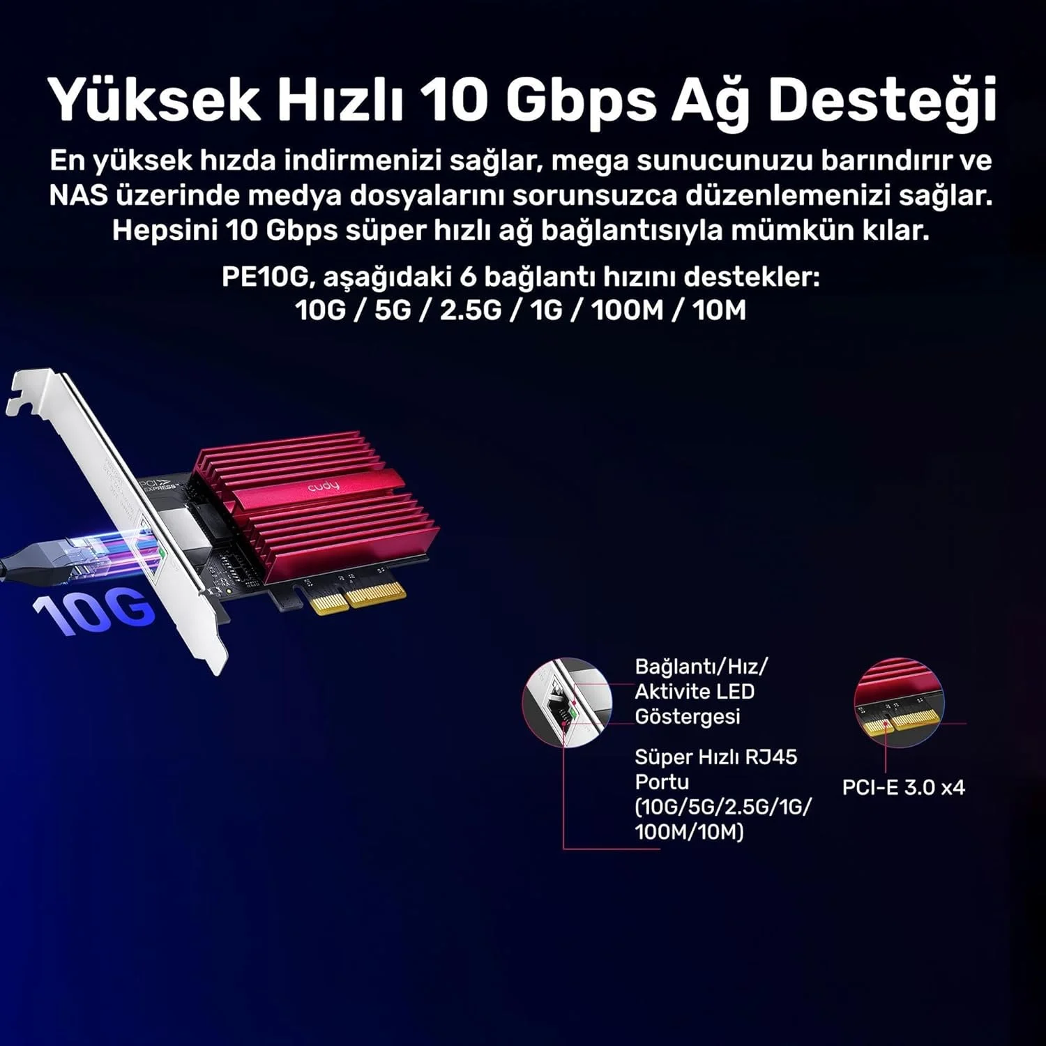 کارت شبکه 10 گیگابیتی Cudy PCIe، آداپتور PCIe 10G Base-T، کنترل جریان، آداپتور PCIe به اترنت 10 گیگابیتی، پشتیبانی از Windows 11/10، WindowsServer 2022 و Linux، شامل کابل شبکه