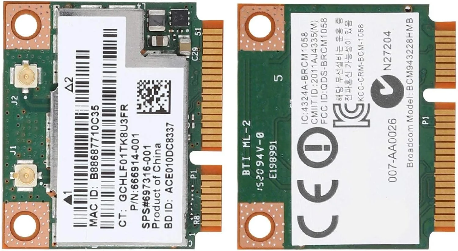 کارت شبکه وای فای دو بانده 300 مگابیت بر ثانیه Mini PCI-e مدل BCM943228HMB، کارت شبکه LAN، استاندارد شبکه IEE 802.11 a/b/g/n، پشتیبانی از بلوتوث 4.0، برای لپ تاپ HP