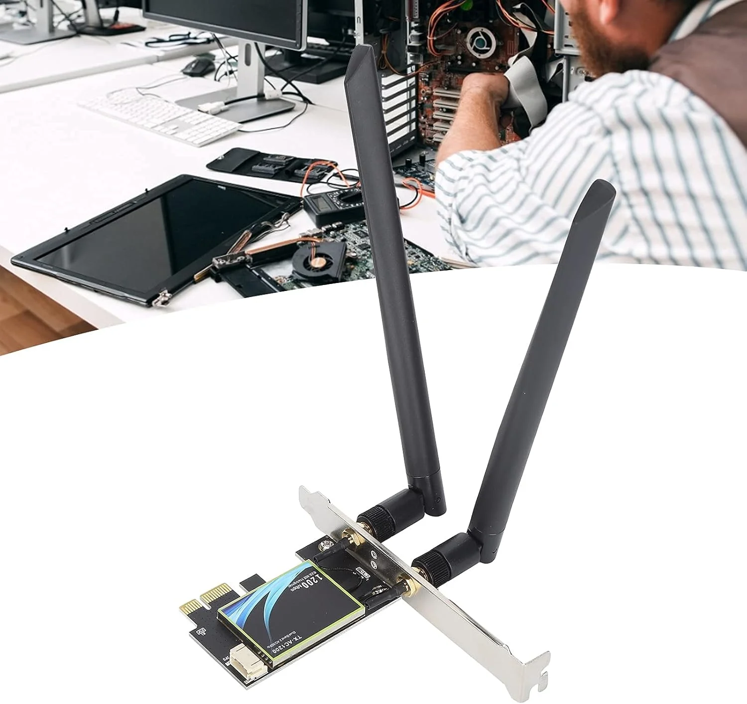 کارت شبکه PCI-E آداپتور وای فای، آداپتور PCI اکسپرس بی سیم دو بانده 2.4/5 گیگاهرتز با بلوتوث 4.0، سازگار با PCI-E X1/X4/X8/X16، برای رایانه شخصی رومیزی