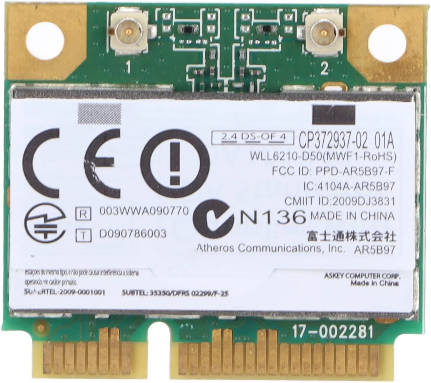 کارت شبکه وای فای Dilwe AR5B97 PCIE، کارت وای فای مینی Wirless WLAN 802.11 B/G/N، کارت شبکه بی سیم 300 مگابیت بر ثانیه WIN98، Me، NT، 2000، Vista، WIN7