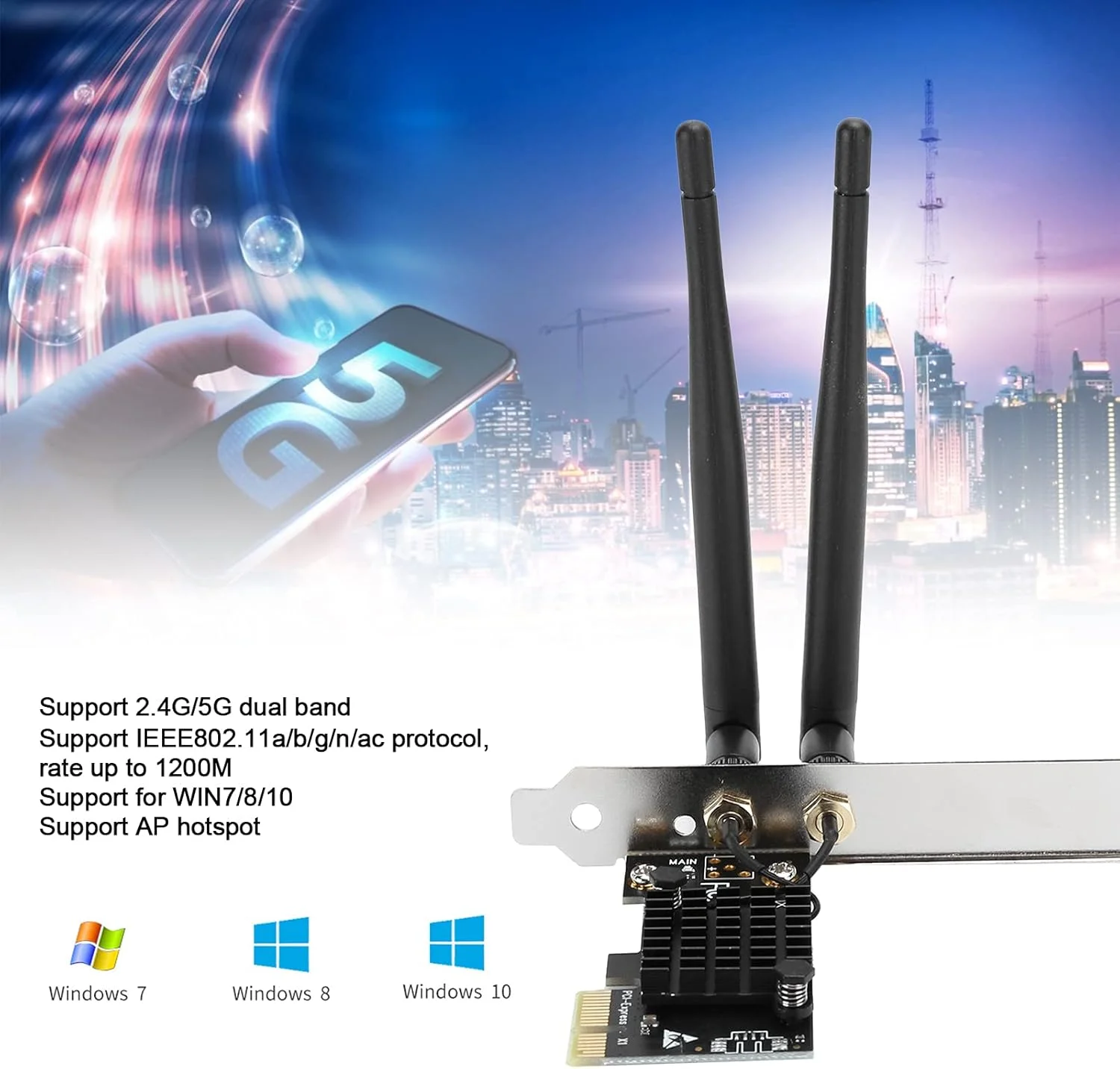 آداپتور شبکه PCI Express، کارت وای فای PCIe بی سیم دو بانده 2.4G/5G با سرعت 1200 مگابیت بر ثانیه، تاخیر کم، پشتیبانی از نقاط اتصال AP، برای ویندوز 10/8/7