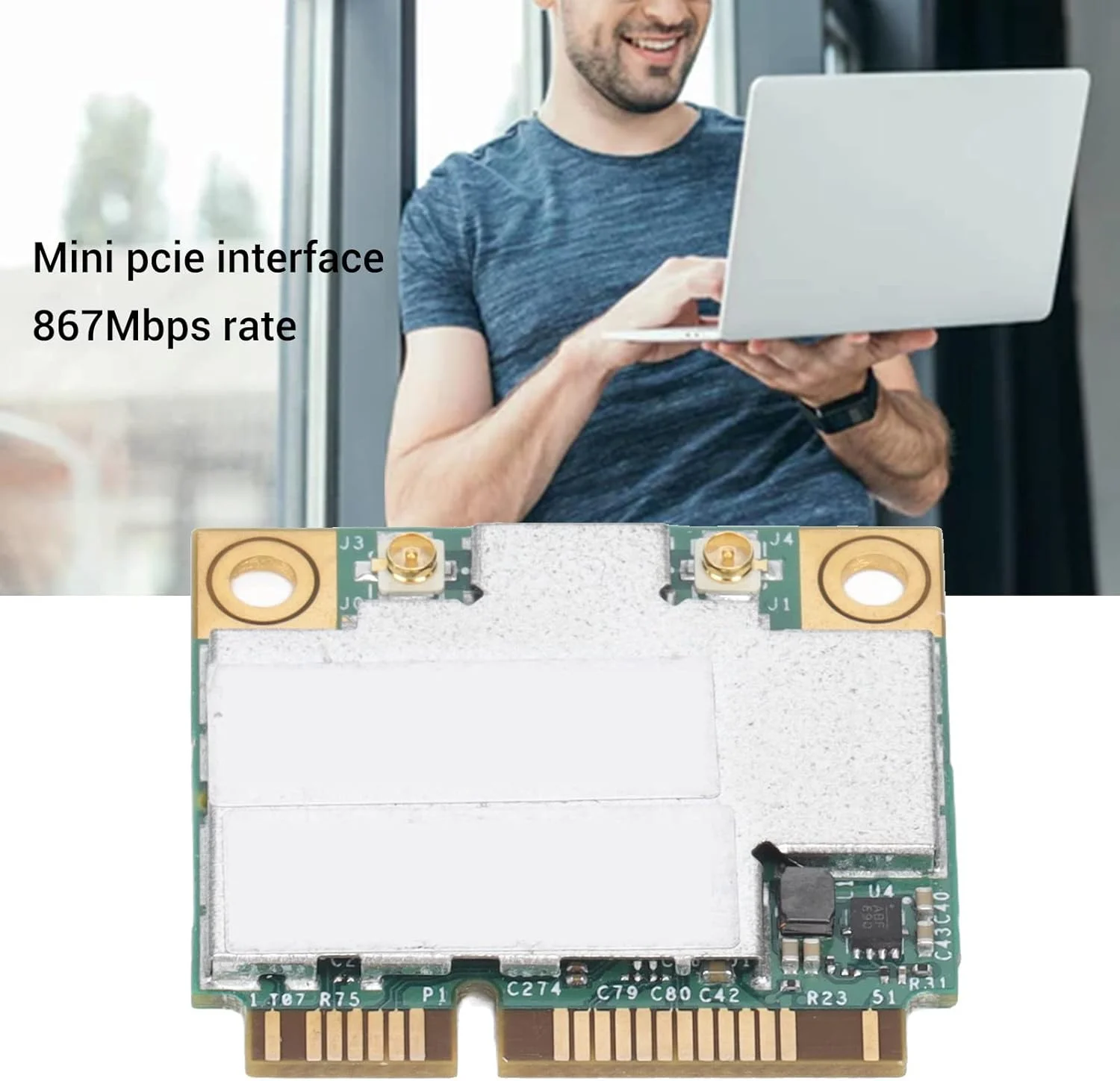 کارت شبکه وای فای نیمه مینی PCIE، آداپتور شبکه PCI Express دو بانده، کارت شبکه بی سیم کامپیوتر 867 مگابیت بر ثانیه بلوتوث 4.0 وای فای برای Win7، برای Win8، برای Win10