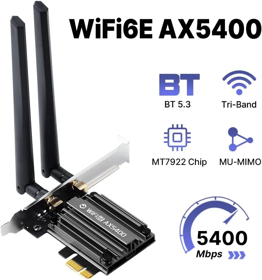 کارت شبکه بی‌سیم FENVI PCIe WiFi 6E برای کامپیوترهای رومیزی، آداپتور شبکه بی‌سیم سه بانده AX5400، بلوتوث 5.3، تراشه MT7922، سازگار با براکت کم ارتفاع ویندوز 10/11 نسخه 64 بیتی