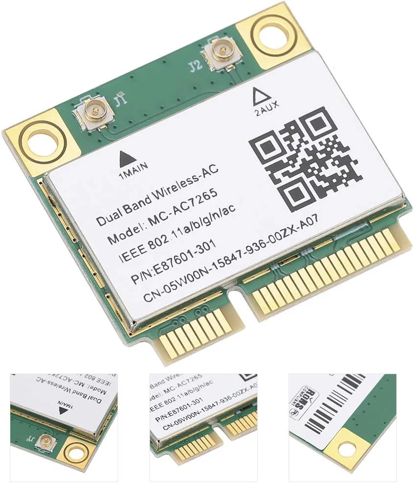 کارت شبکه PCIe، باند فرکانس دوگانه 2.4G/5G، تراشه MCAC7265 بلوتوث 4.2 آداپتور شبکه وای فای بی سیم برای اسلات کارت Mini PCIE با ارتفاع نیمه 1200 مگابیت بر ثانیه