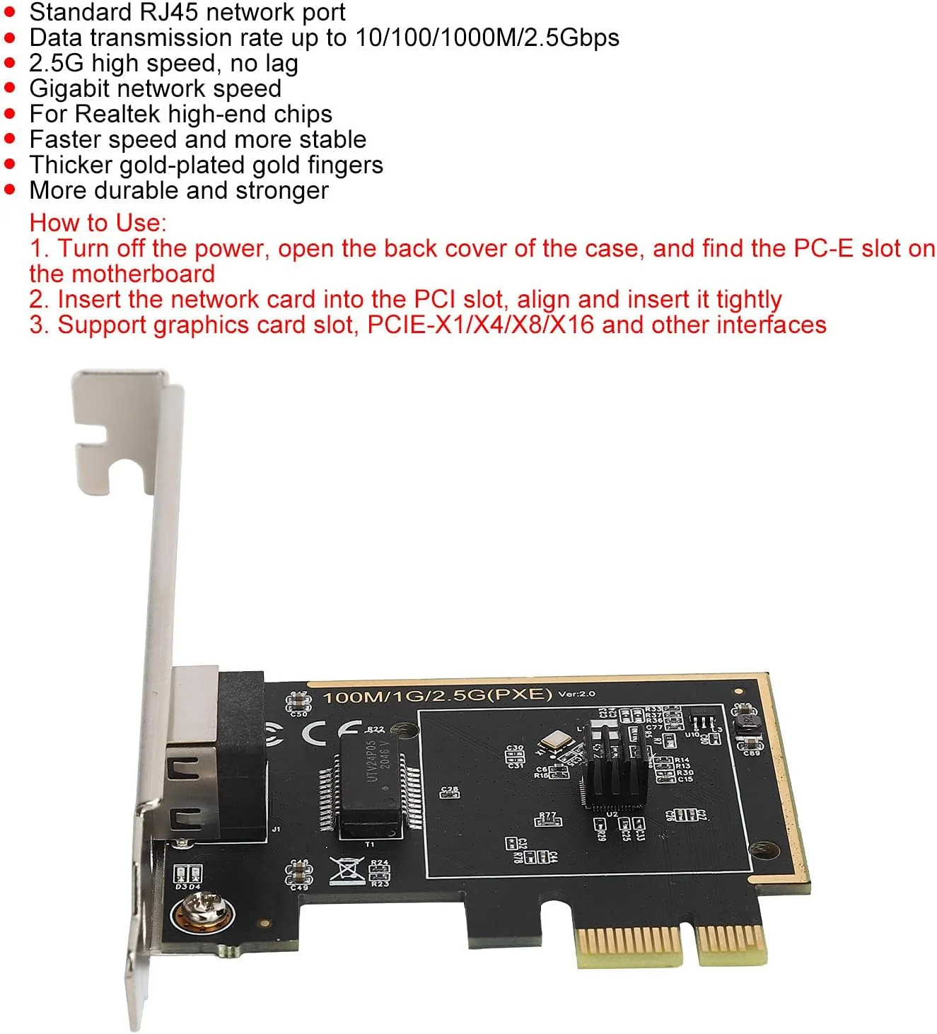 کارت شبکه گیگابیتی، آداپتور کارت شبکه وای فای گیگابیتی اترنت سریع PCI-E کامپیوتر رومیزی RJ45 2.5 گیگابیت بر ثانیه، تطبیقی ​​نیمه دوبلکس/دوبلکس کامل، برای ویندوز ME/98SE/2000