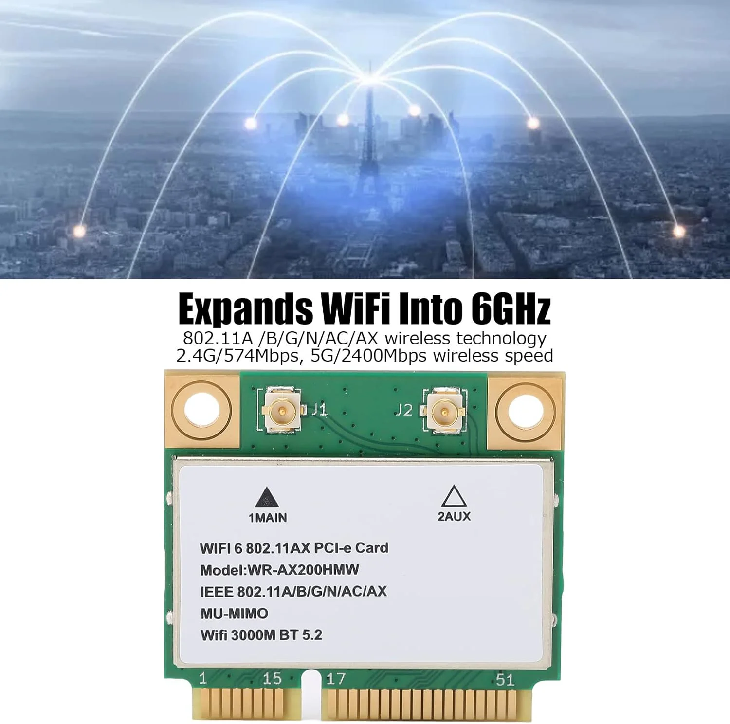 کارت شبکه بی‌سیم گوشیدا مدل AX210HMW، 2.4G/574Mbps 5G/2400Mbps WiFi BT5.2 با رابط Mini PCIE برای لپ‌تاپ، مینی کامپیوتر، کامپیوترهای All in One، برای WIN10