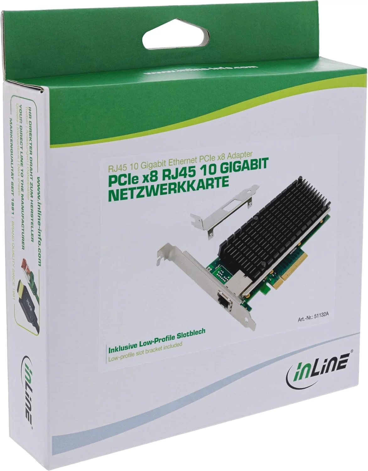 کارت شبکه 10 گیگابیتی InLine®، 1x RJ45 10Gb/s، PCIe x8، کنترلر اترنت LAN 10 GBASE-T، از Win 7، Server 2008، Linux 2.6، شامل براکت اسلات Low Profile، 51132A کارت شبکه 10 گیگابیتی InLine®، 1x RJ45 10Gb/s، PCIe x8، کنترلر اترنت LAN 10 GBASE-T، از Win 7، Server 2008، Linux 2.6، شامل براکت اسلات Low Profile، 51132A