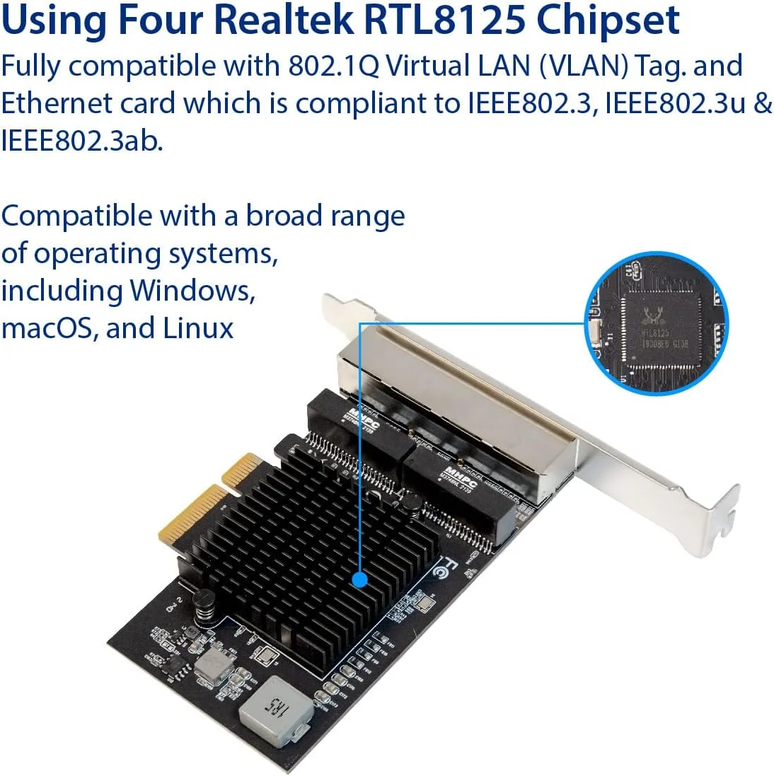 کارت شبکه IO CREST چهار پورت 2.5 گیگابیتی اترنت PCI Express PCI-E با سرعت 10/100/1000/2500 مگابیت بر ثانیه RJ45 LAN دارای چیپست Realtek RTL8125، مشکی (SI-PEX24077)