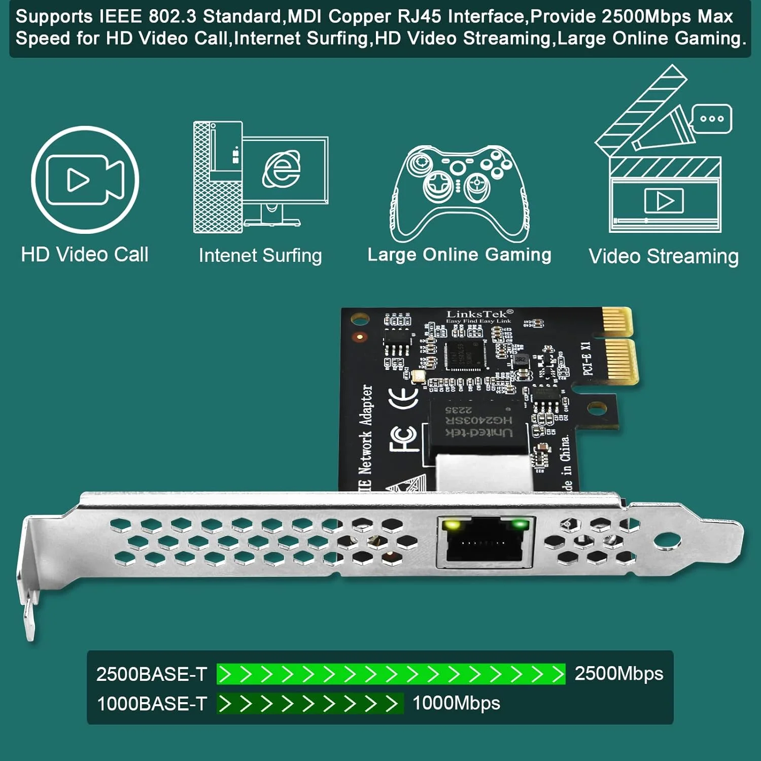آداپتور شبکه PCI Express X1 به پورت RJ45 با سرعت 2.5 گیگابیت بر ثانیه برای ویندوز 11، 10 نسخه 64 بیتی و ویندوز سرور 2019، 2022، کنترلر اترنت Intel I225V، کارت شبکه PCIE (PCIE-I225)