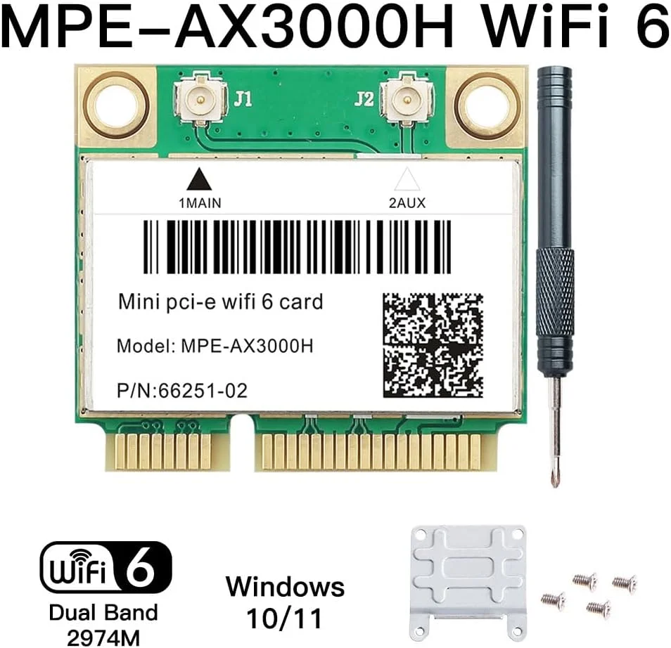 کارت شبکه وای فای 6 MPE-AX3000H دو بانده 802.11ax نیمه مینی PCI-E آداپتور شبکه PCI Express BT5.2 2.4GHz 574Mbps 5GHz 2.4Gbps(160MHz) فقط برای ویندوز 10/11 64 بیتی بهتر از کارت شبکه وای فای 7260HMW